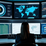 A cybersecurity professional in a modest business blazer over a blouse, fully clothed, sits focused at a control station in a modern, high-tech Security Operations Center (SOC). She calmly monitors multiple large, illuminated screens displaying complex, abstract data visualizations of network traffic patterns, real-time threat intelligence feeds, and automated incident response workflows. One prominent screen highlights an AI-powered anomaly detection system processing vast amounts of data, symbolizing the powerful synergy between human expertise and cutting-edge automation in digital defense. The scene evokes a sense of controlled efficiency and rapid response. Professional photography, hyperdetailed, realistic, cinematic lighting, natural pose, perfect anatomy, correct proportions, well-formed hands, proper finger count, natural body proportions, safe for work, appropriate content, family-friendly.