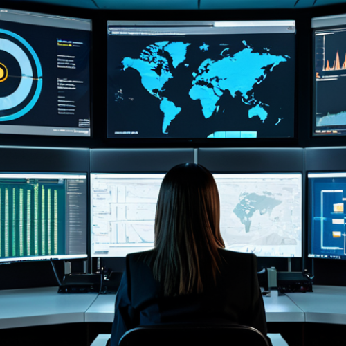 Home 22 A cybersecurity professional in a modest business blazer over a blouse, fully clothed, sits focused at a control station in a modern, high-tech Security Operations Center (SOC). She calmly monitors multiple large, illuminated screens displaying complex, abstract data visualizations of network traffic patterns, real-time threat intelligence feeds, and automated incident response workflows. One prominent screen highlights an AI-powered anomaly detection system processing vast amounts of data, symbolizing the powerful synergy between human expertise and cutting-edge automation in digital defense. The scene evokes a sense of controlled efficiency and rapid response. Professional photography, hyperdetailed, realistic, cinematic lighting, natural pose, perfect anatomy, correct proportions, well-formed hands, proper finger count, natural body proportions, safe for work, appropriate content, family-friendly.