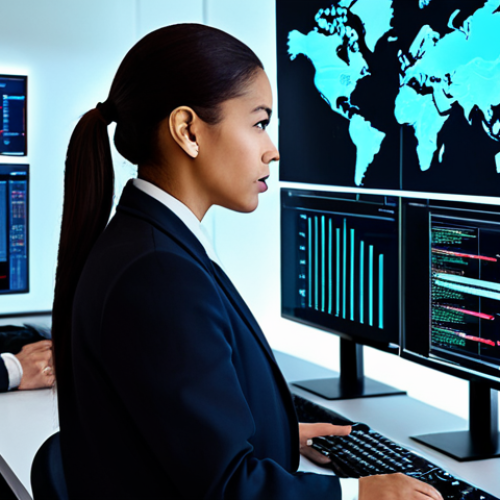 Home 21 A diverse team of professional cybersecurity analysts, fully clothed in modern business attire, observing large, clean display screens in a high-tech Security Operations Center (SOC). The SOC is sleek and futuristic, featuring abstract digital data streams and network maps symbolizing rapid, automated threat responses. The overall atmosphere conveys efficiency and a sense of control, indicating the success of automation in managing vast amounts of information. perfect anatomy, correct proportions, natural pose, well-formed hands, proper finger count, natural body proportions, professional photography, high quality, safe for work, appropriate content, fully clothed, professional.