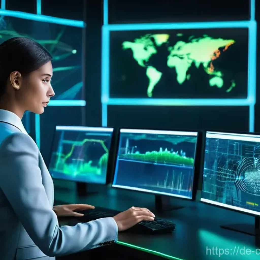 사이버 보안 자동화 도구의 발전 방향 - **Prompt:** A futuristic, sleek cybersecurity operations center bathed in soft blue and green light....