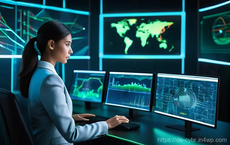 사이버 보안 자동화 도구의 발전 방향 - **Prompt:** A futuristic, sleek cybersecurity operations center bathed in soft blue and green light....