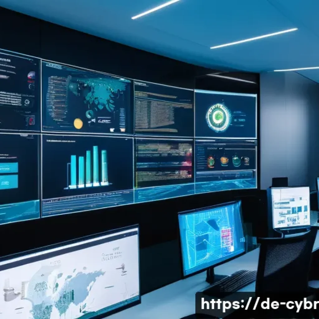 사이버 보안 자동화 도구 트렌드 - A modern cybersecurity operations center in a sleek German office building, featuring diverse IT pro...