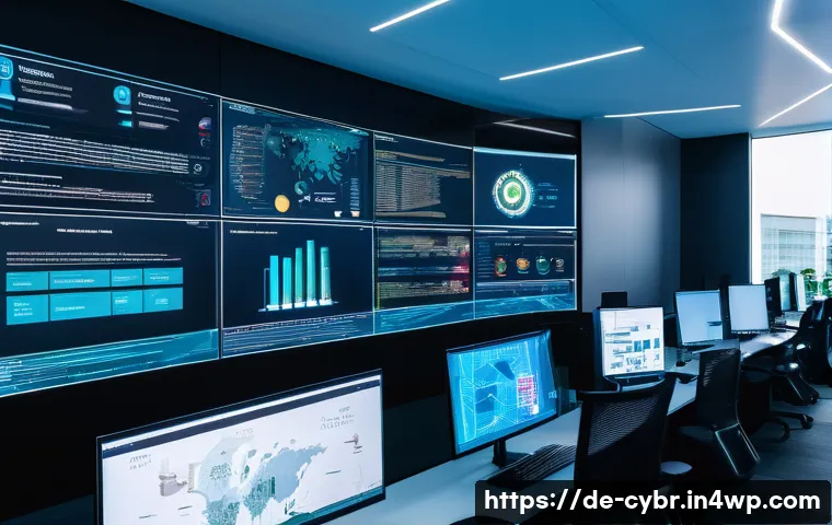 사이버 보안 자동화 도구 트렌드 - A modern cybersecurity operations center in a sleek German office building, featuring diverse IT pro...
