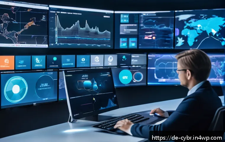 사이버 보안 자동화 도구와 컴플라이언스 - A futuristic control room with a diverse team of professionals monitoring multiple large screens dis...