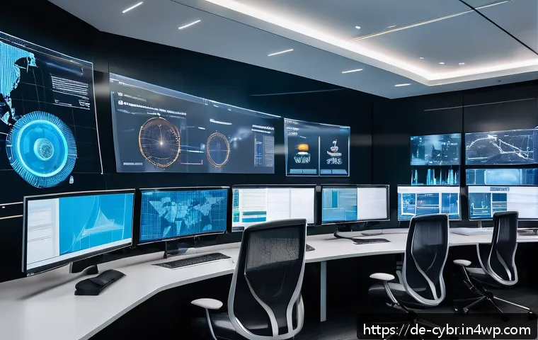 사이버 보안 자동화 도구의 평가 기준 - A modern cybersecurity operations center with a diverse team of professionals monitoring large digit...
