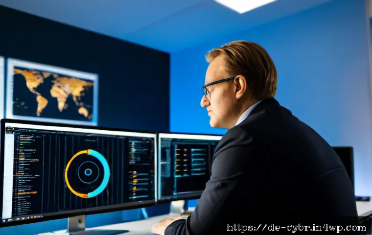 Home 17 사이버 보안 자동화 도구의 데이터 분석 기능 - Photorealistic cybersecurity analyst in a modern German office, reviewing automated threat analytics...