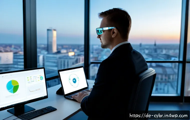 Home 17 사이버 보안 자동화 도구의 증강 현실 활용 - Photorealistic cybersecurity analyst in a modern German office, wearing augmented reality glasses an...